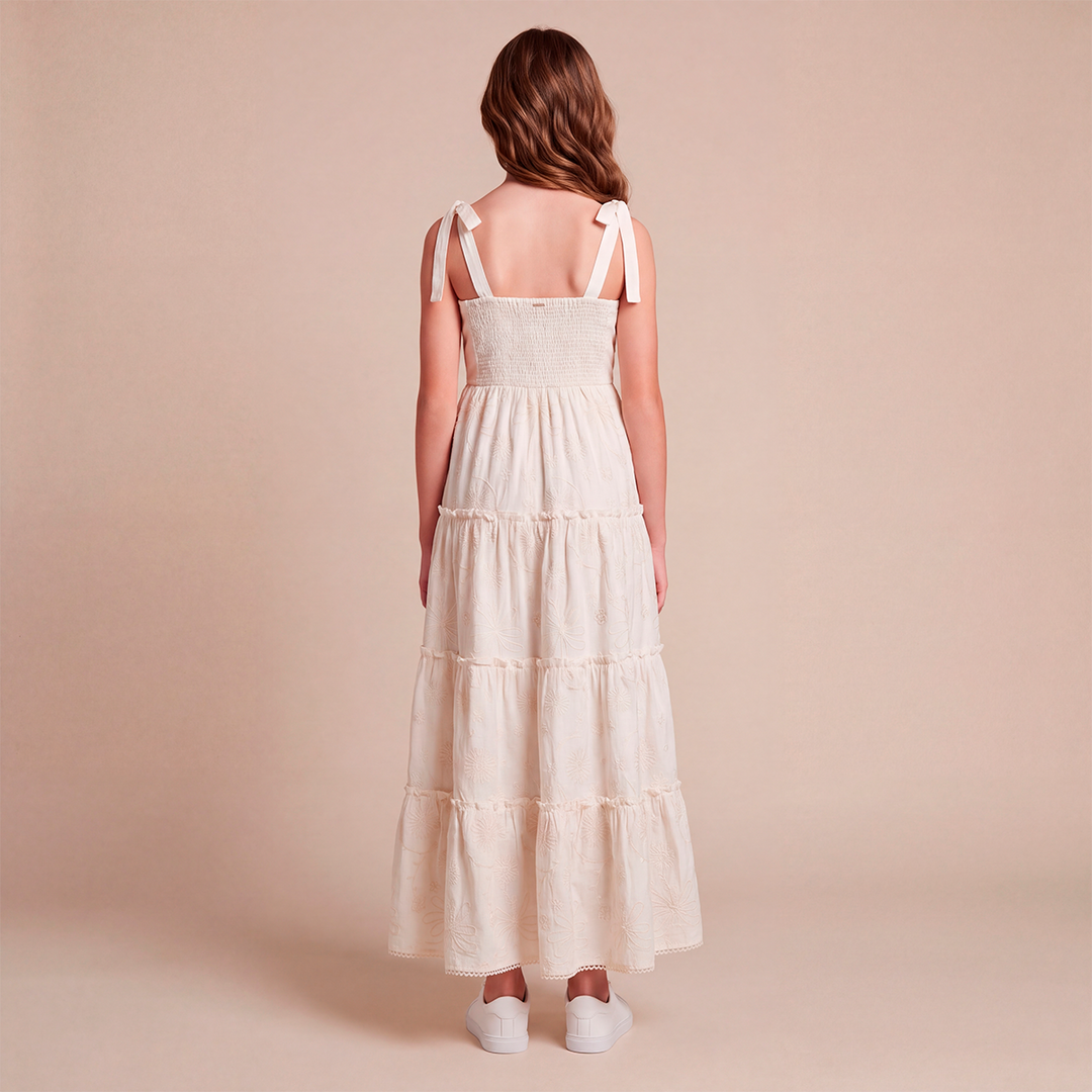 Vestido para niñas maxi bordado tono a tono – Marfil