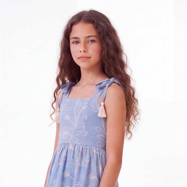 Vestido para niñas con diseño bordado floral - Azul