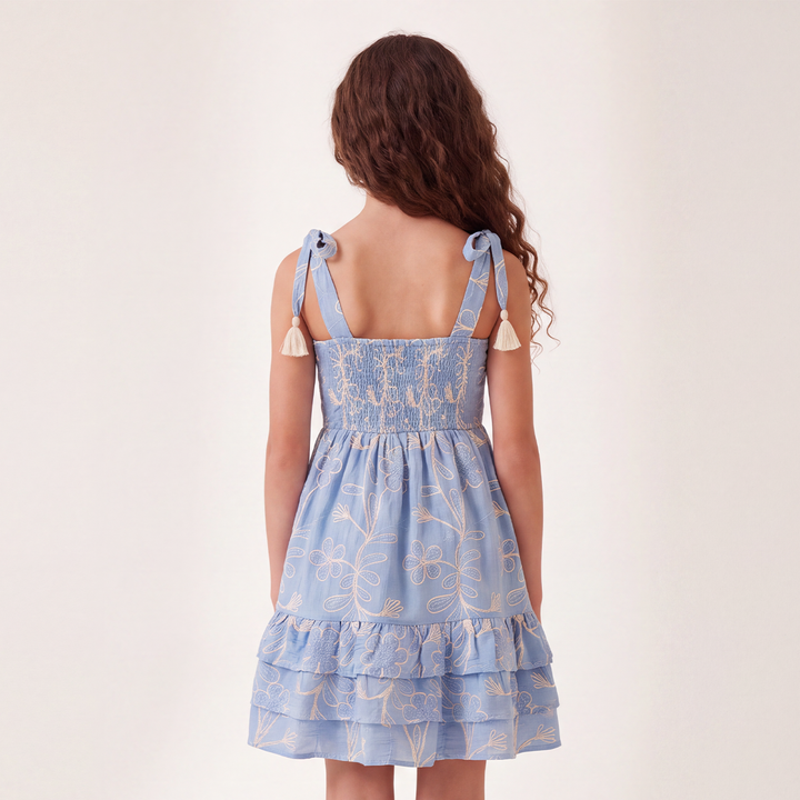 Vestido para niñas con diseño bordado floral - Azul