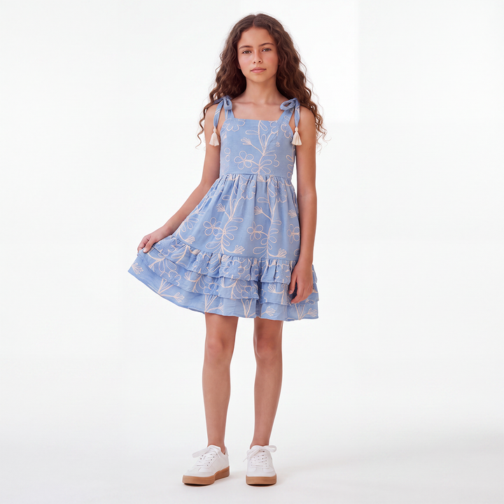 Vestido para niñas con diseño bordado floral - Azul
