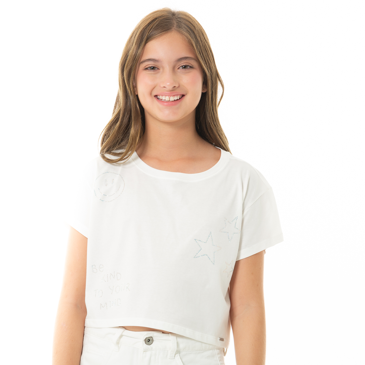 CAMISETA PARA NIÑAS CORTA CON PIEDRAS BRILLANTES