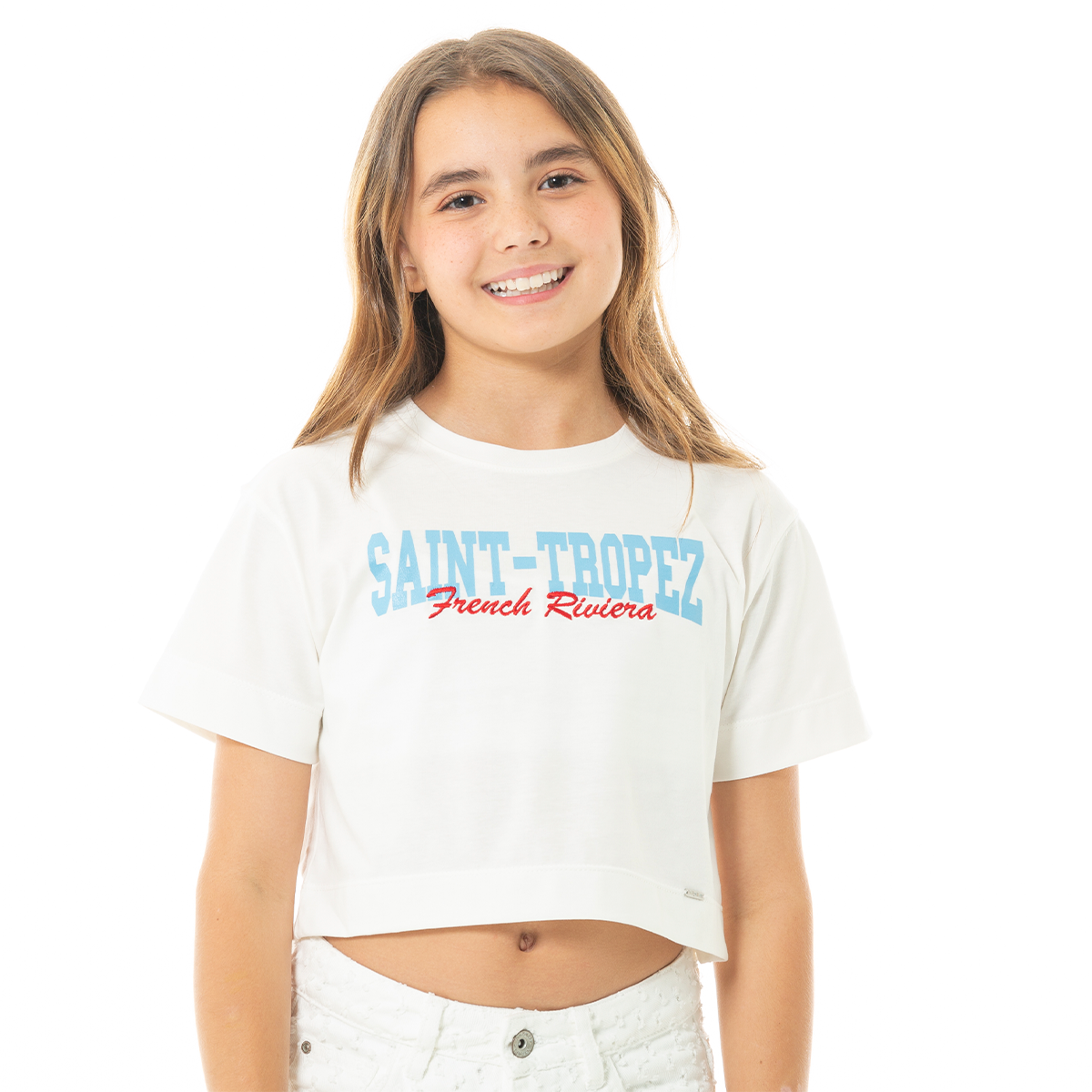 CAMISETA PARA NIÑAS CORTA CON BORDADO Y ESTAMPADO