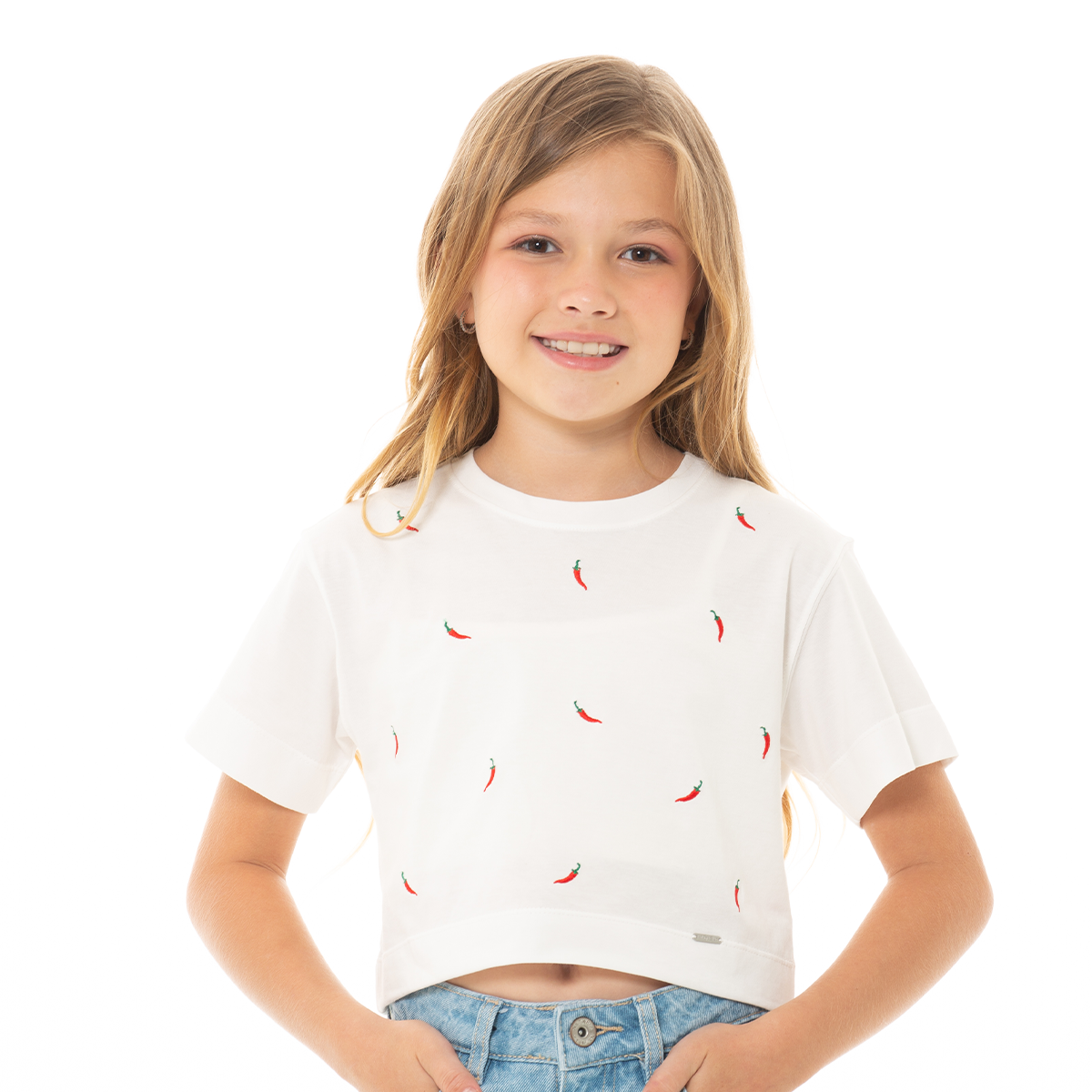 CAMISETA PARA NIÑAS CORTA CON CHILES BORDADOS