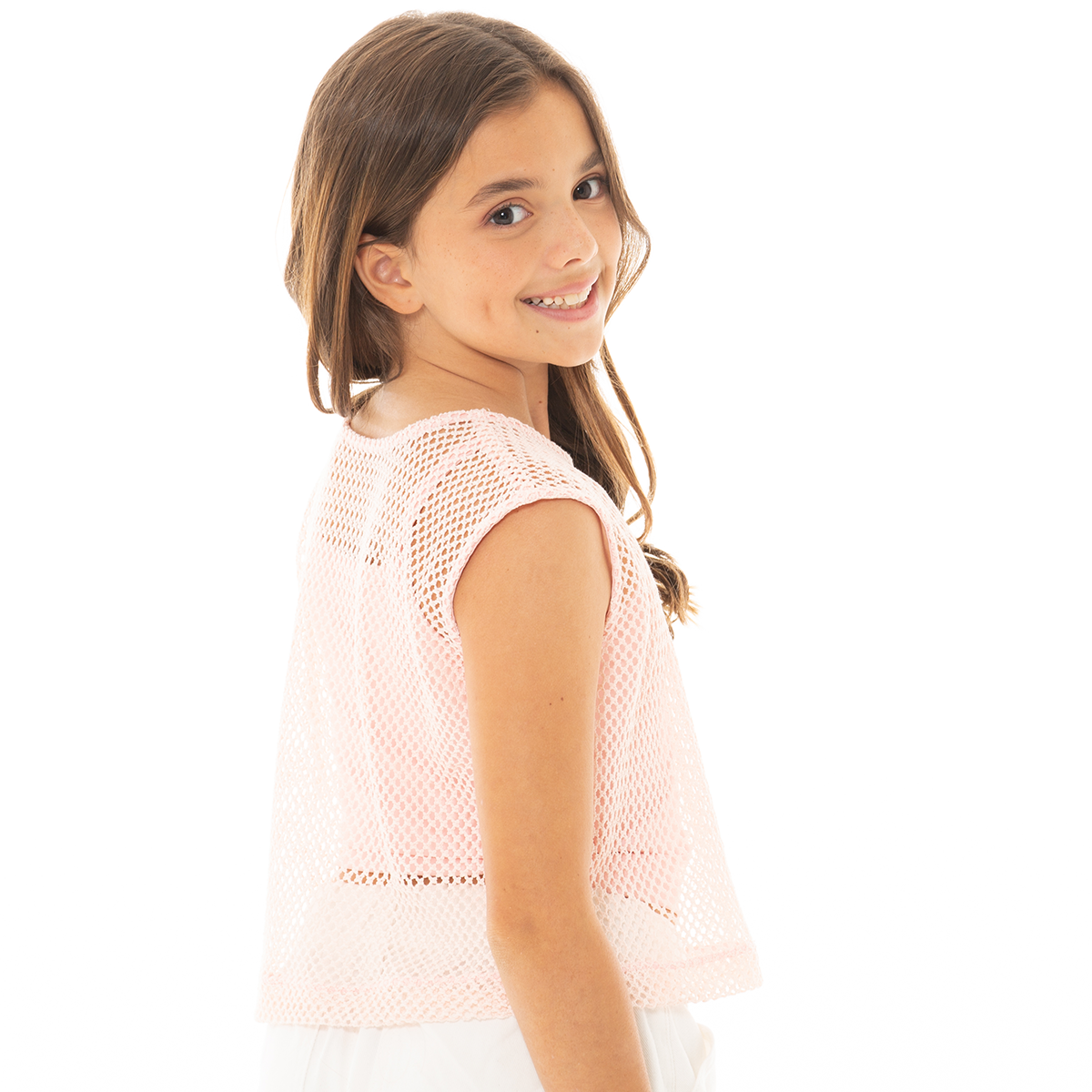CROP TOP PARA NIÑAS CON MALLA - COLOR ROSADO