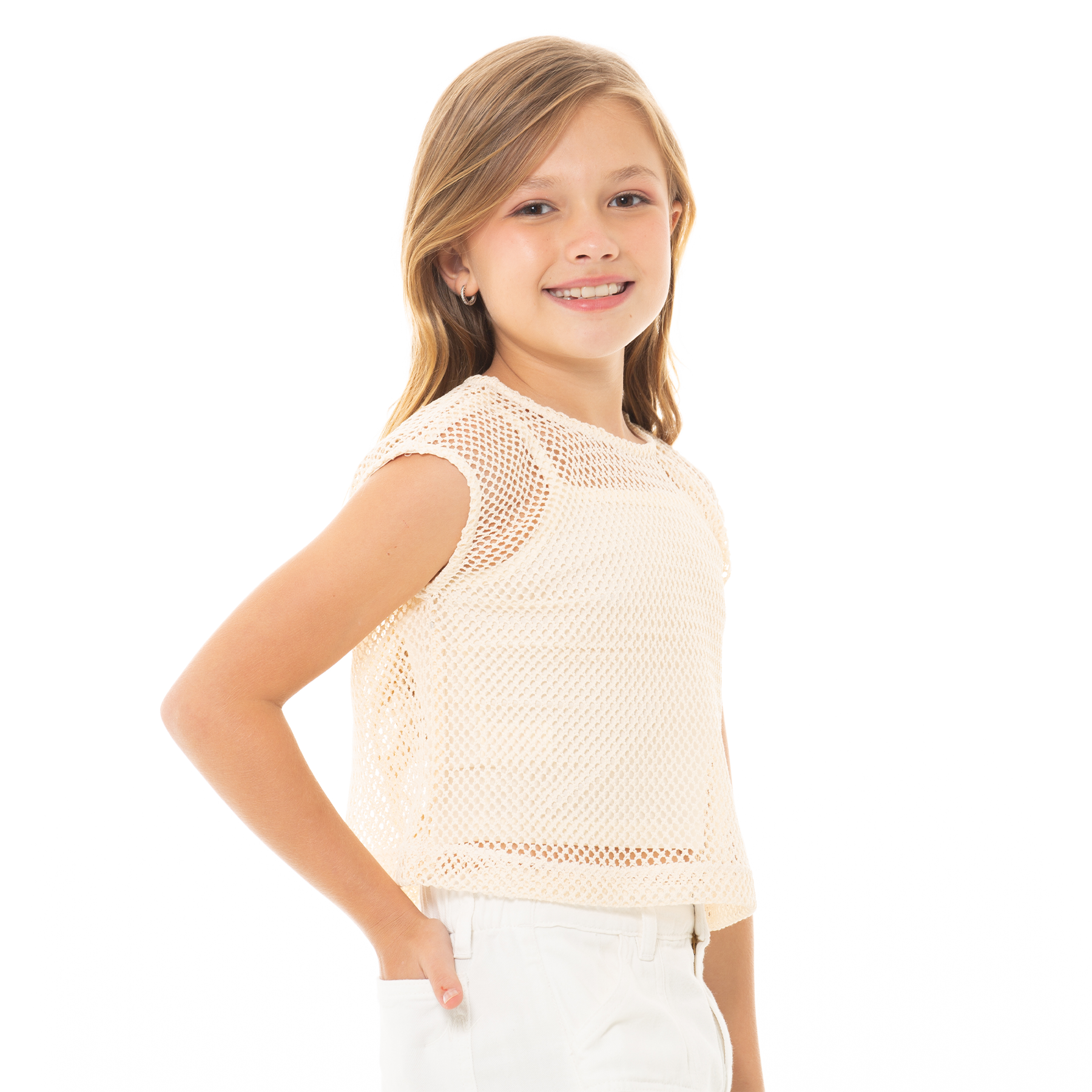 CROP TOP PARA NIÑAS CON MALLA -COLOR BEIGE