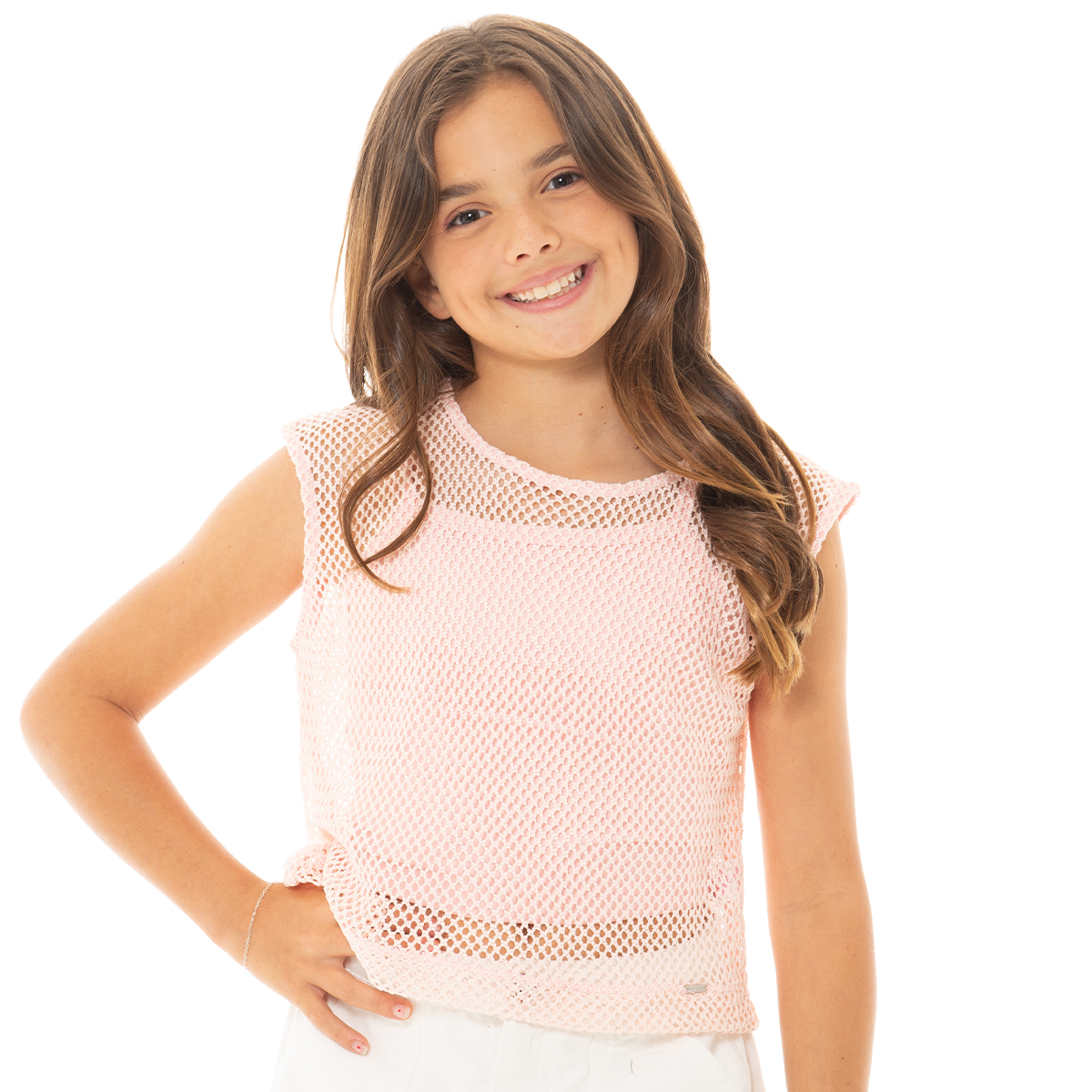 CROP TOP PARA NIÑAS CON MALLA - COLOR ROSADO