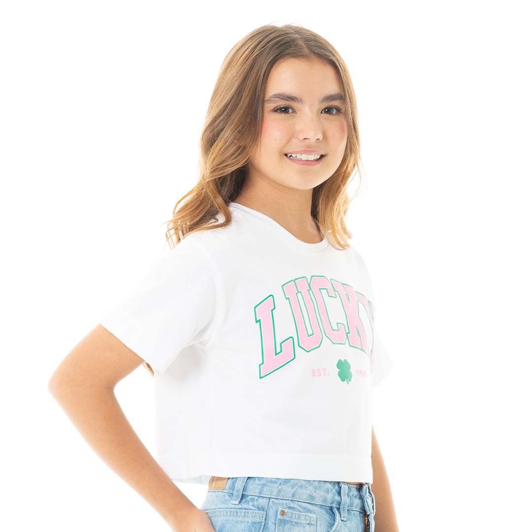 CAMISETA CROP PARA NIÑA CON DISEÑO ESTAMPADO BLANCA