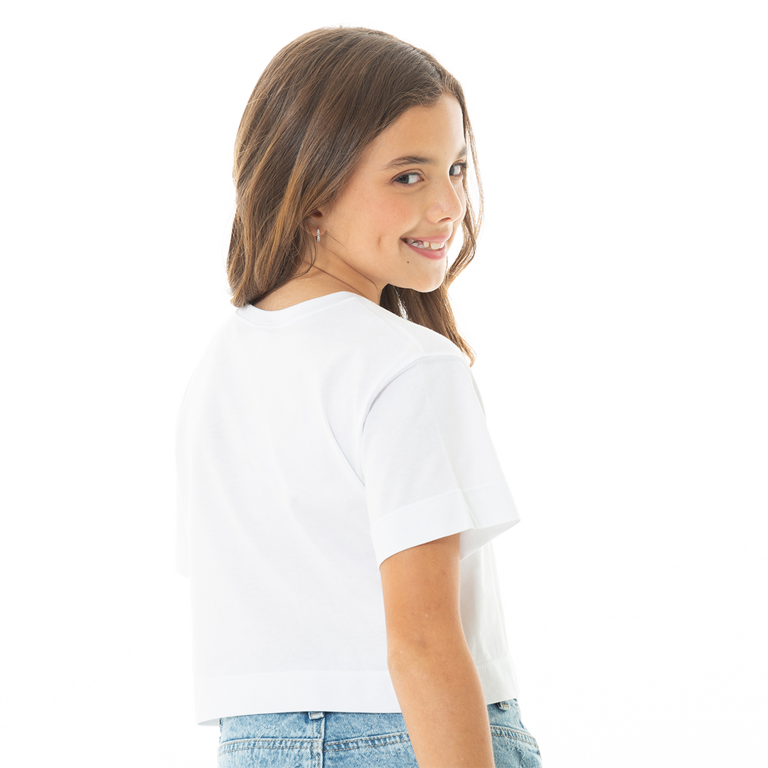 Camiseta Crop para Niña con Bordado de Corazón – Blanca