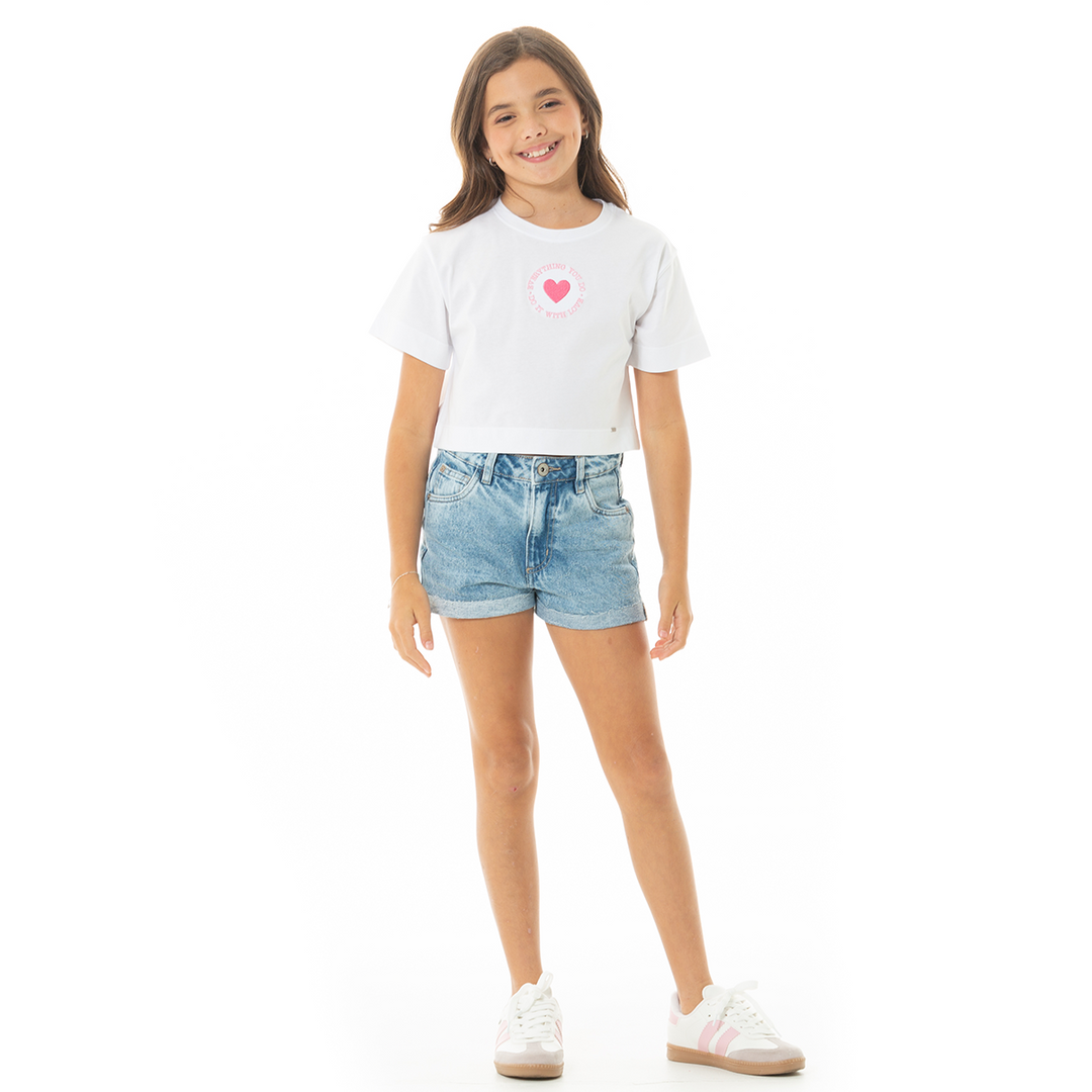 Camiseta Crop para Niña con Bordado de Corazón – Blanca