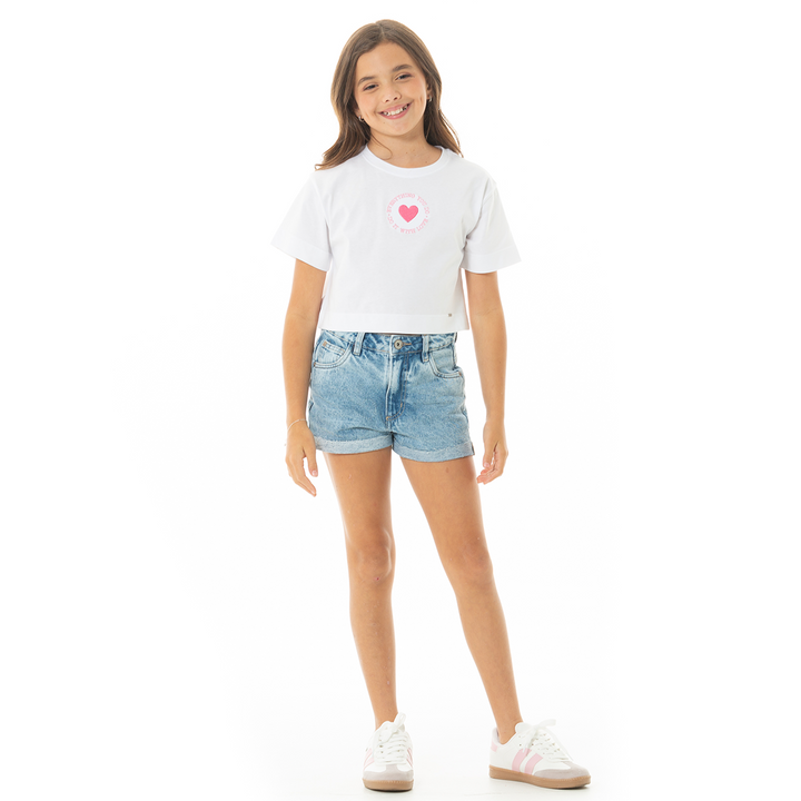 Camiseta Crop para Niña con Bordado de Corazón – Blanca