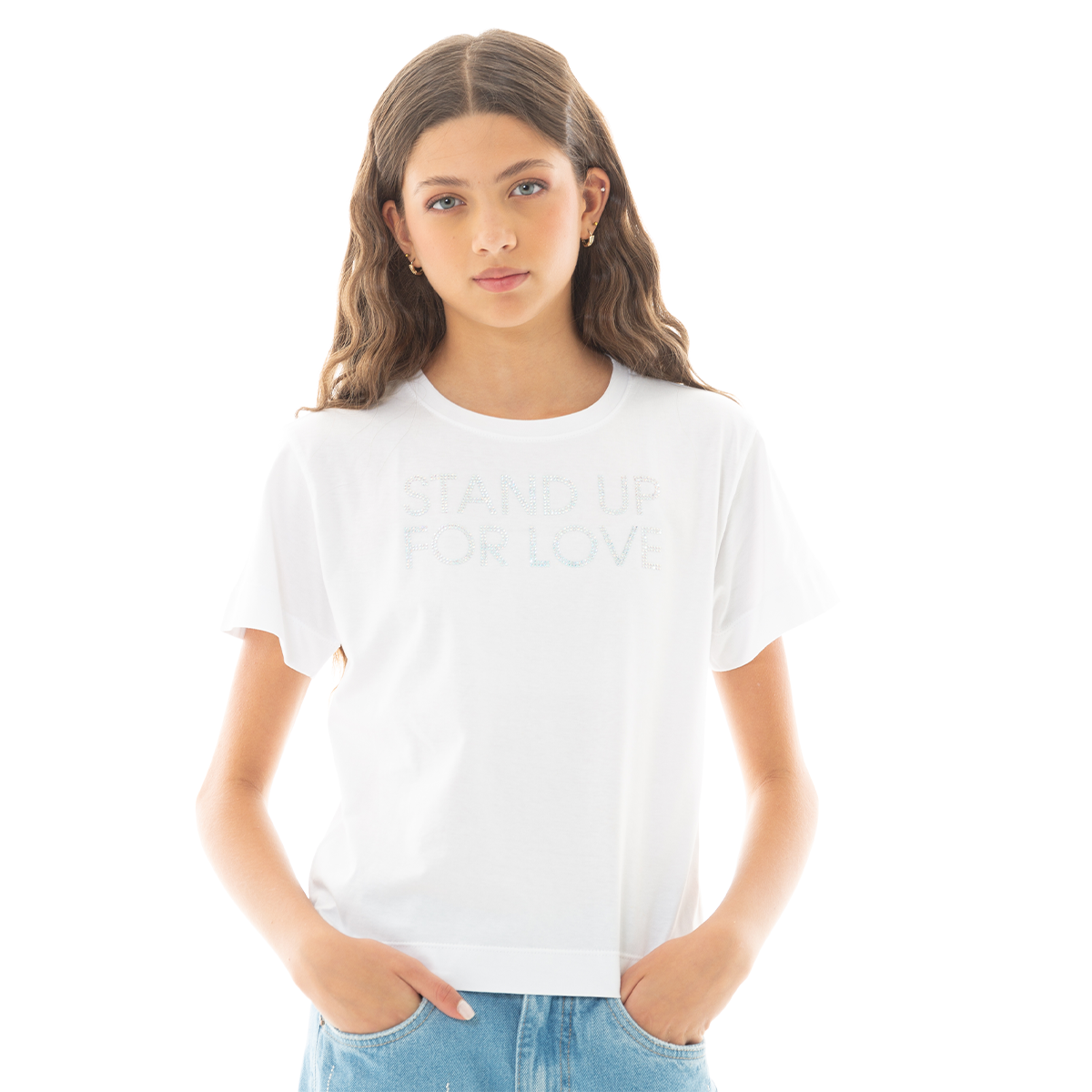 CAMISETA PARA NIÑA CON ESTAMPADO DE PIEDRERIA