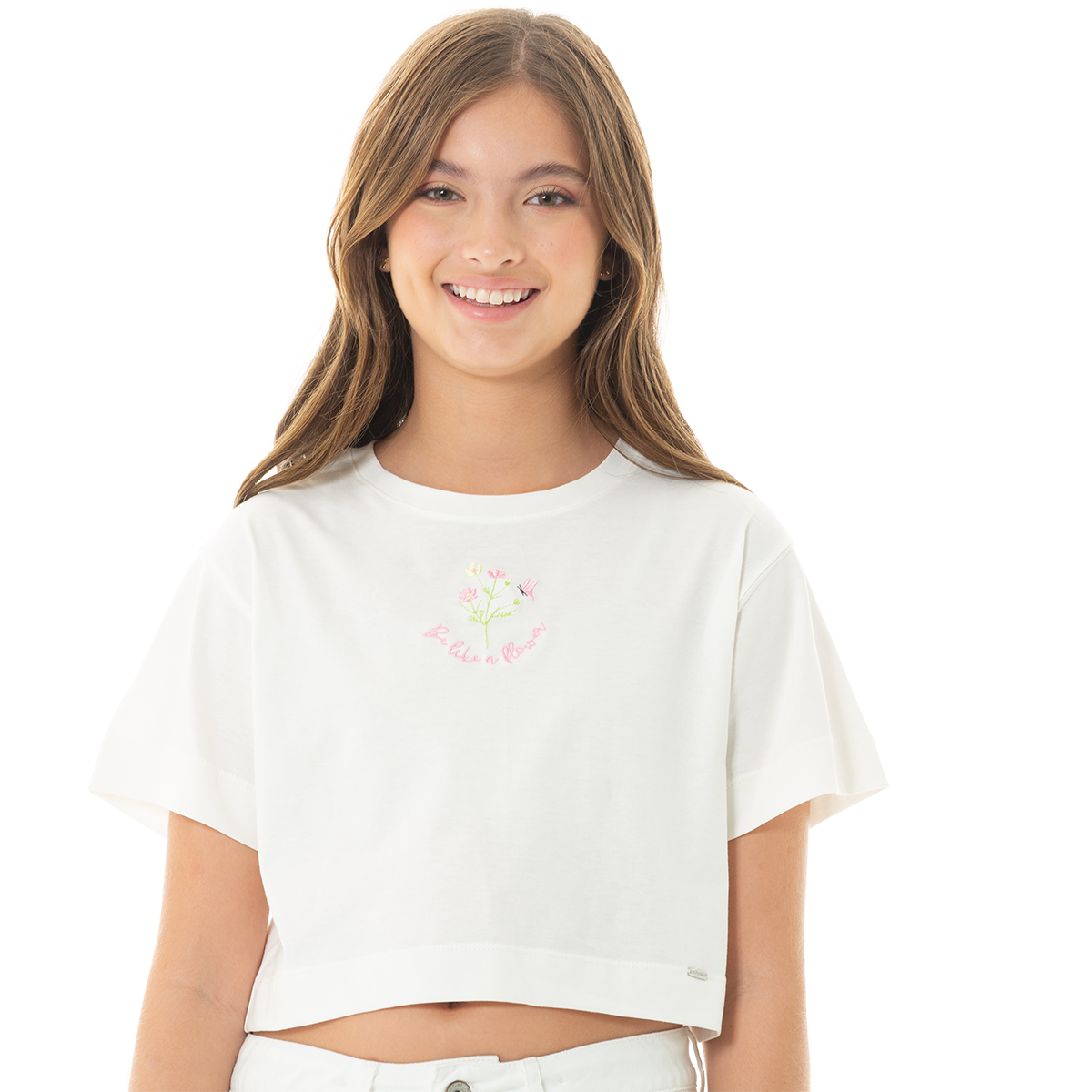 CAMISETA CROP PARA NIÑA CON DISEÑO FLORAL BORDADO