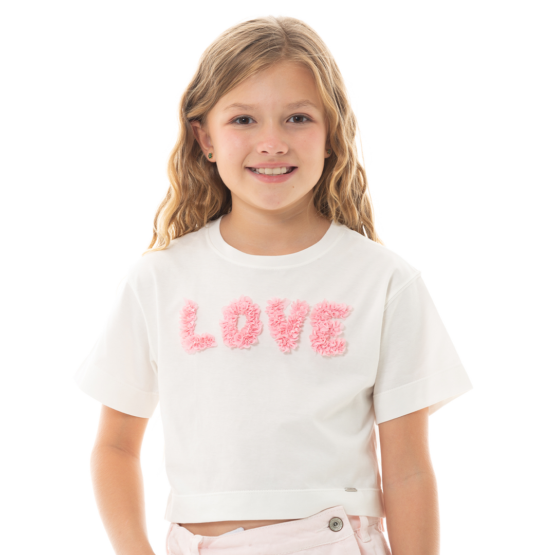 CAMISETA TIPO CROP PARA NIÑA CON APLIQUE - LOVE