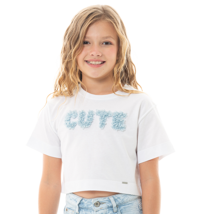 CAMISETA TIPO CROP PARA NIÑA CON APLIQUE - CUTE