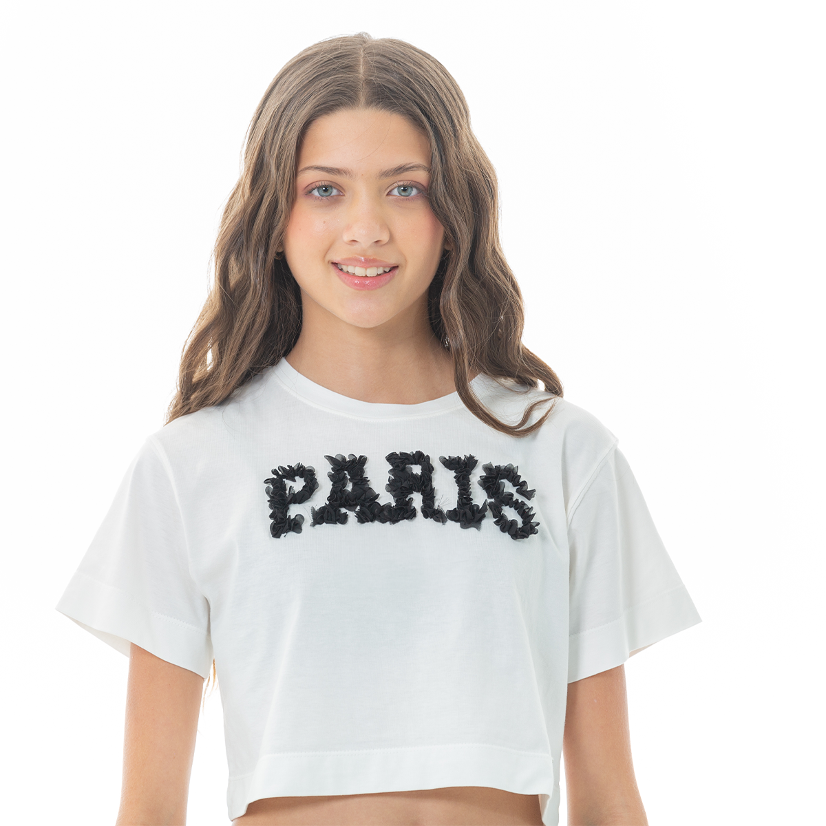 CAMISETA TIPO CROP PARA NIÑAS CON APLIQUE - PARIS
