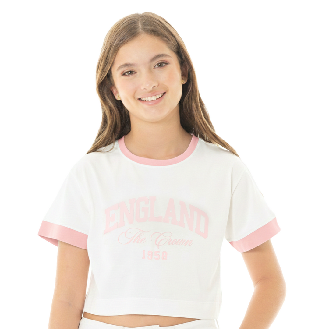 CAMISETA CROP PARA NIÑA CON ESTAMPADO ENGLAND