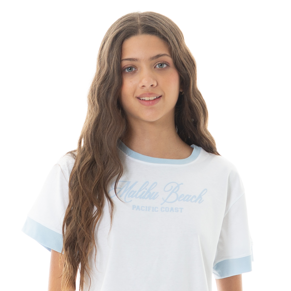 Camiseta crop para niñas en algodón “malibu beach” estampado