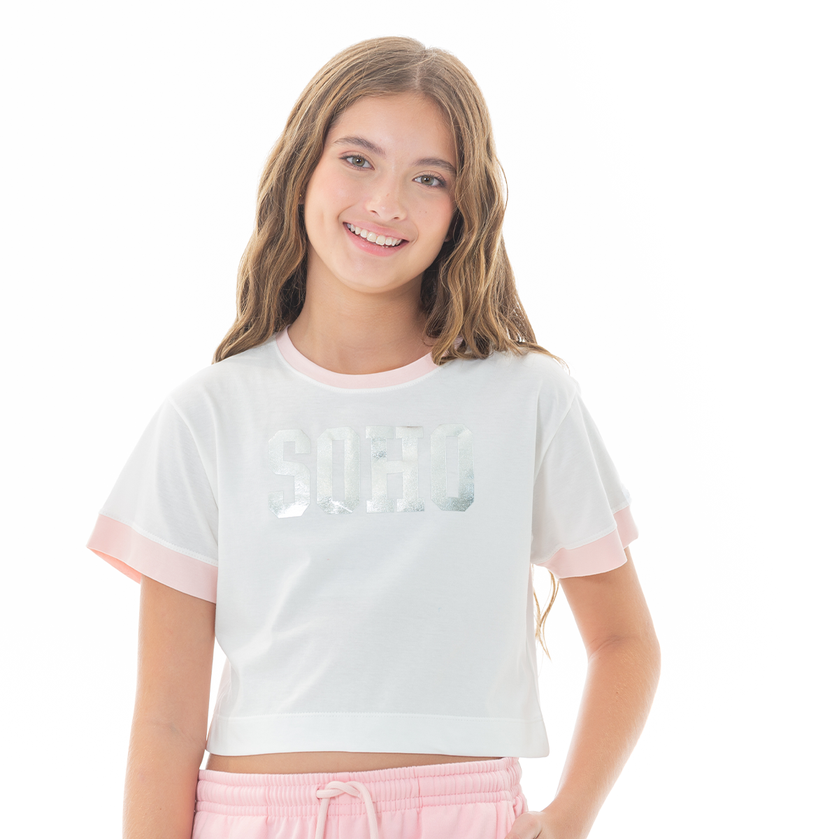 Camiseta crop para niñas en algodón con estampado Soho en foil