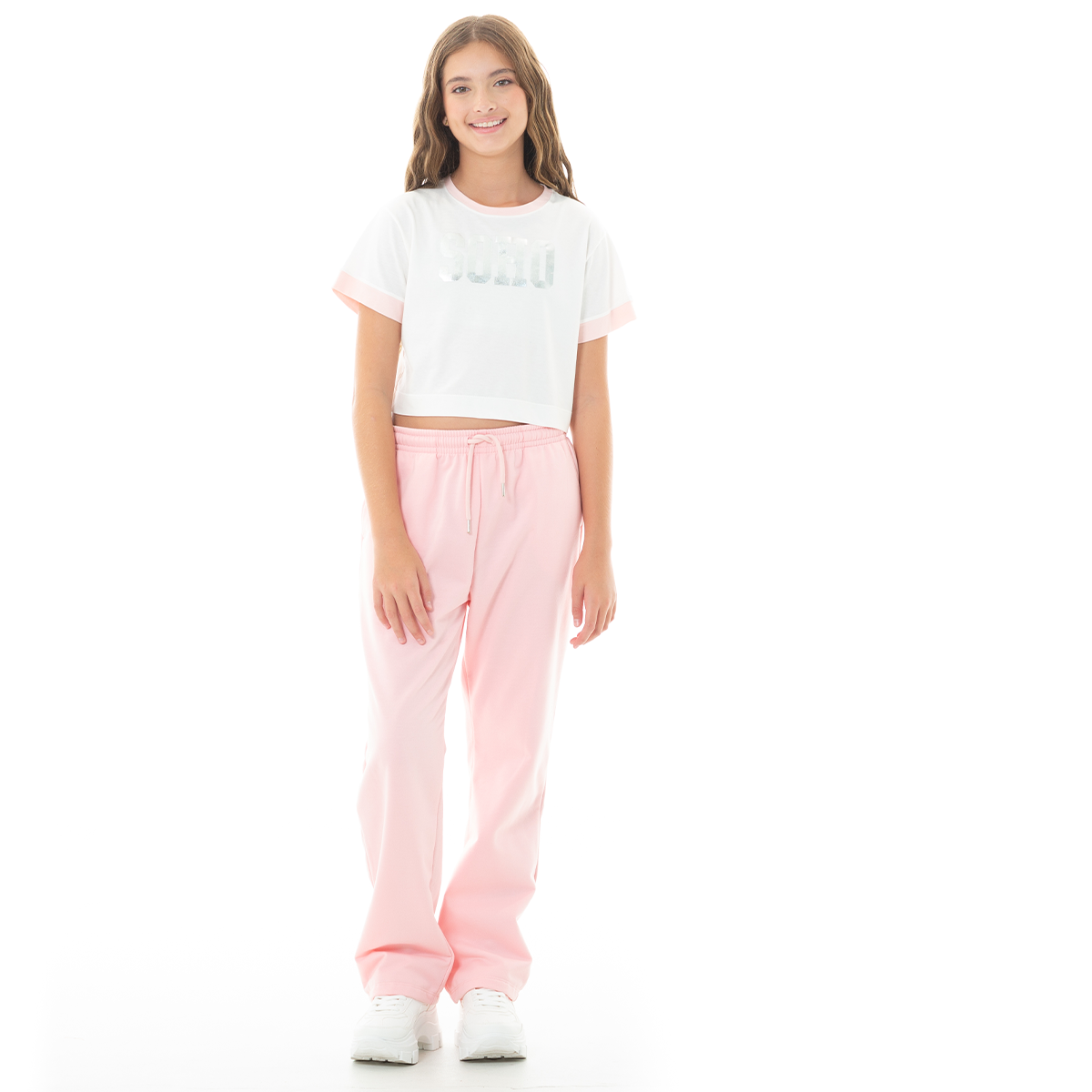 Camiseta crop para niñas en algodón con estampado Soho en foil