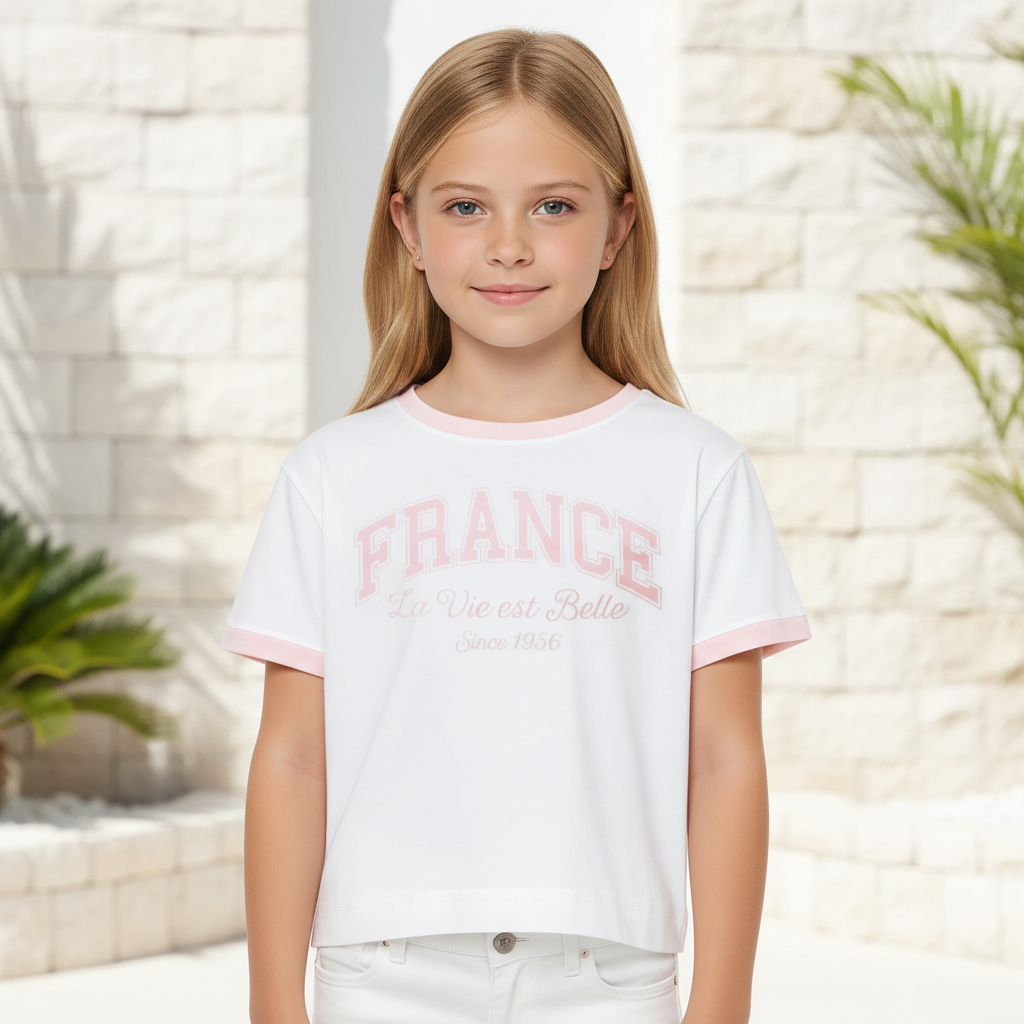 CAMISETA CROP PARA NIÑA CON DISEÑO ESTAMPADO FRANCE