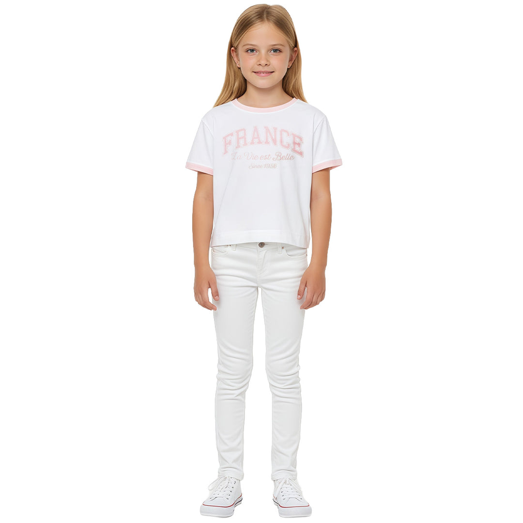 CAMISETA CROP PARA NIÑA CON DISEÑO ESTAMPADO FRANCE