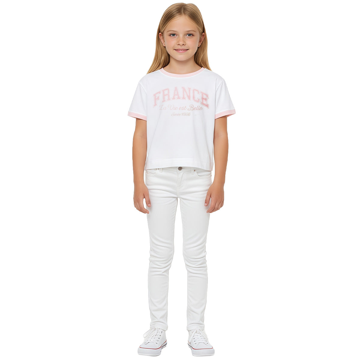 CAMISETA CROP PARA NIÑA CON DISEÑO ESTAMPADO FRANCE