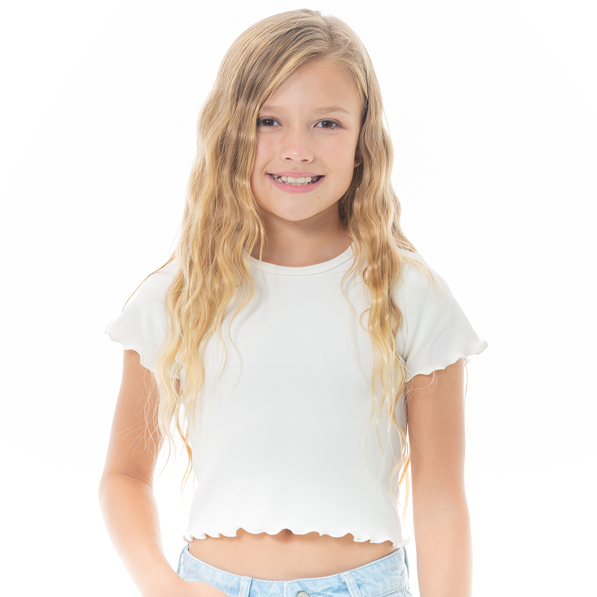 Camiseta para niñas en rib manga corta - Beige