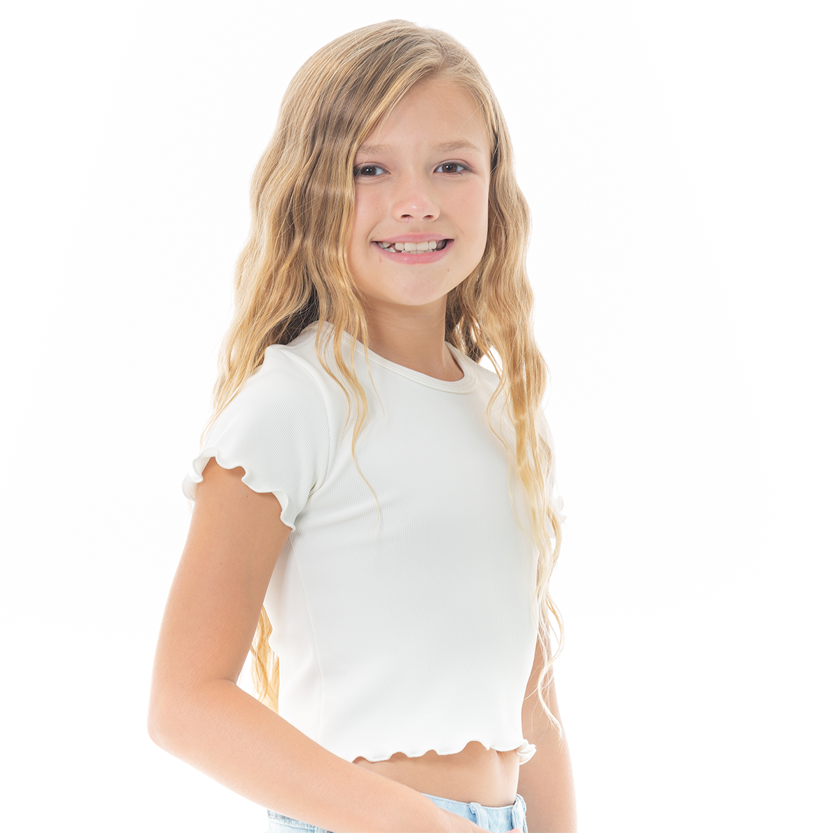 Camiseta para niñas en rib manga corta - Beige