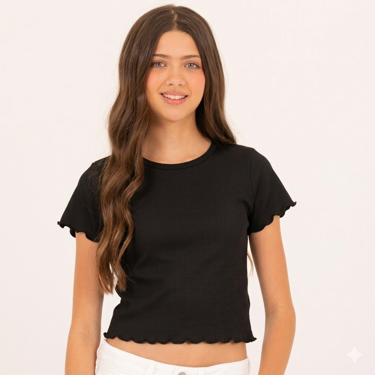 Camiseta para niñas en rib manga corta - Negra