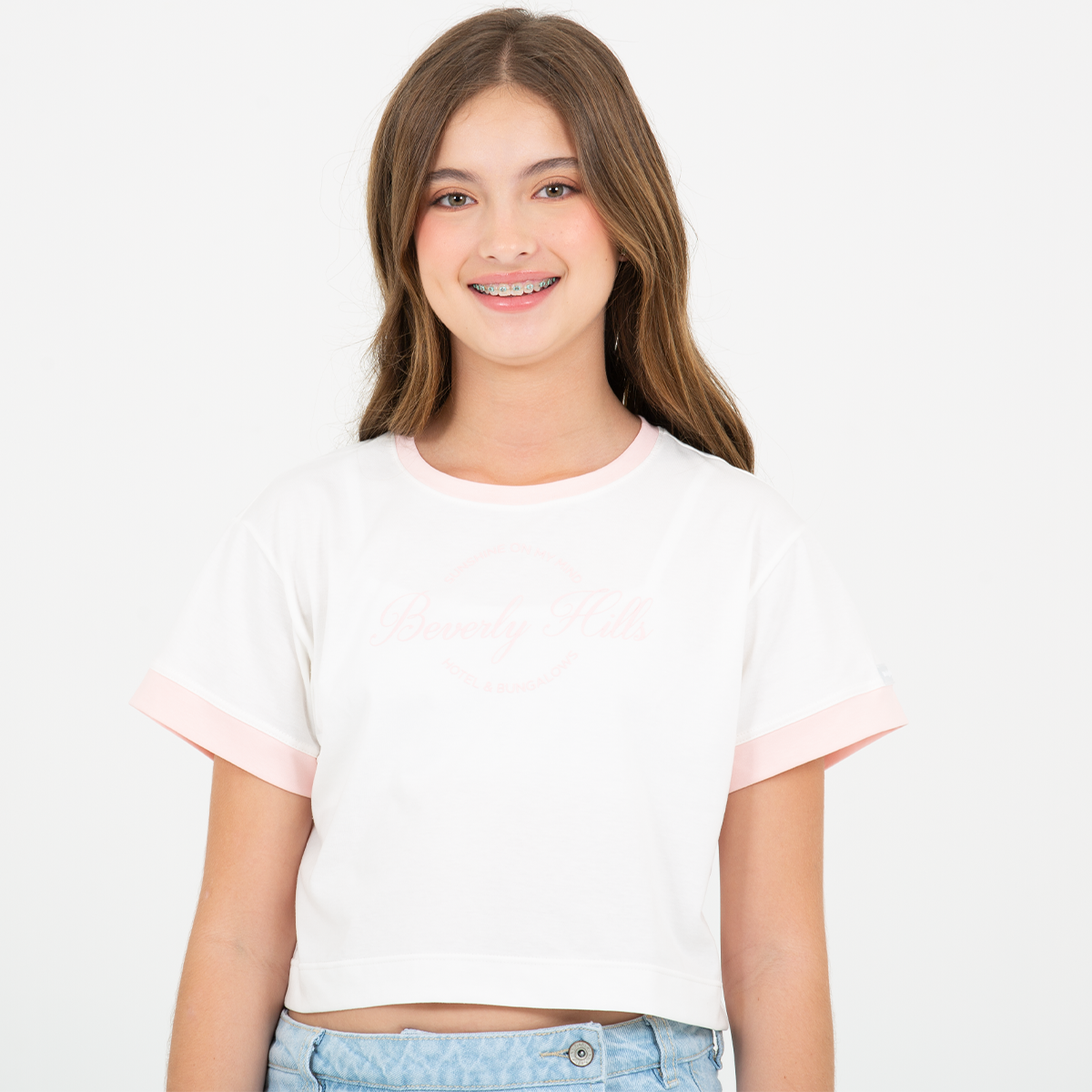Camiseta crop para niñas en algodón “beverly hills” estampado