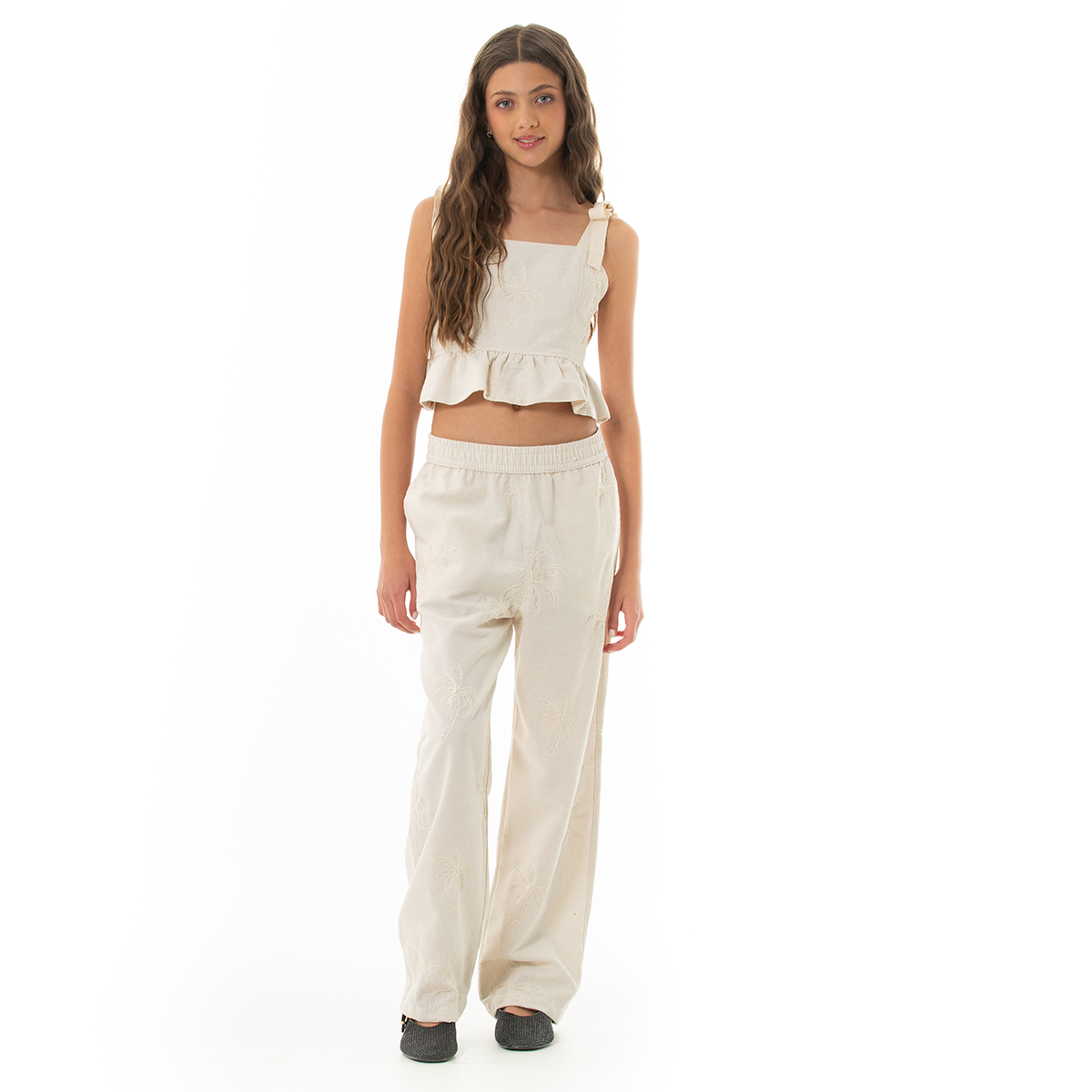 Crop top para niñas con diseño bordado de palmeras - Beige