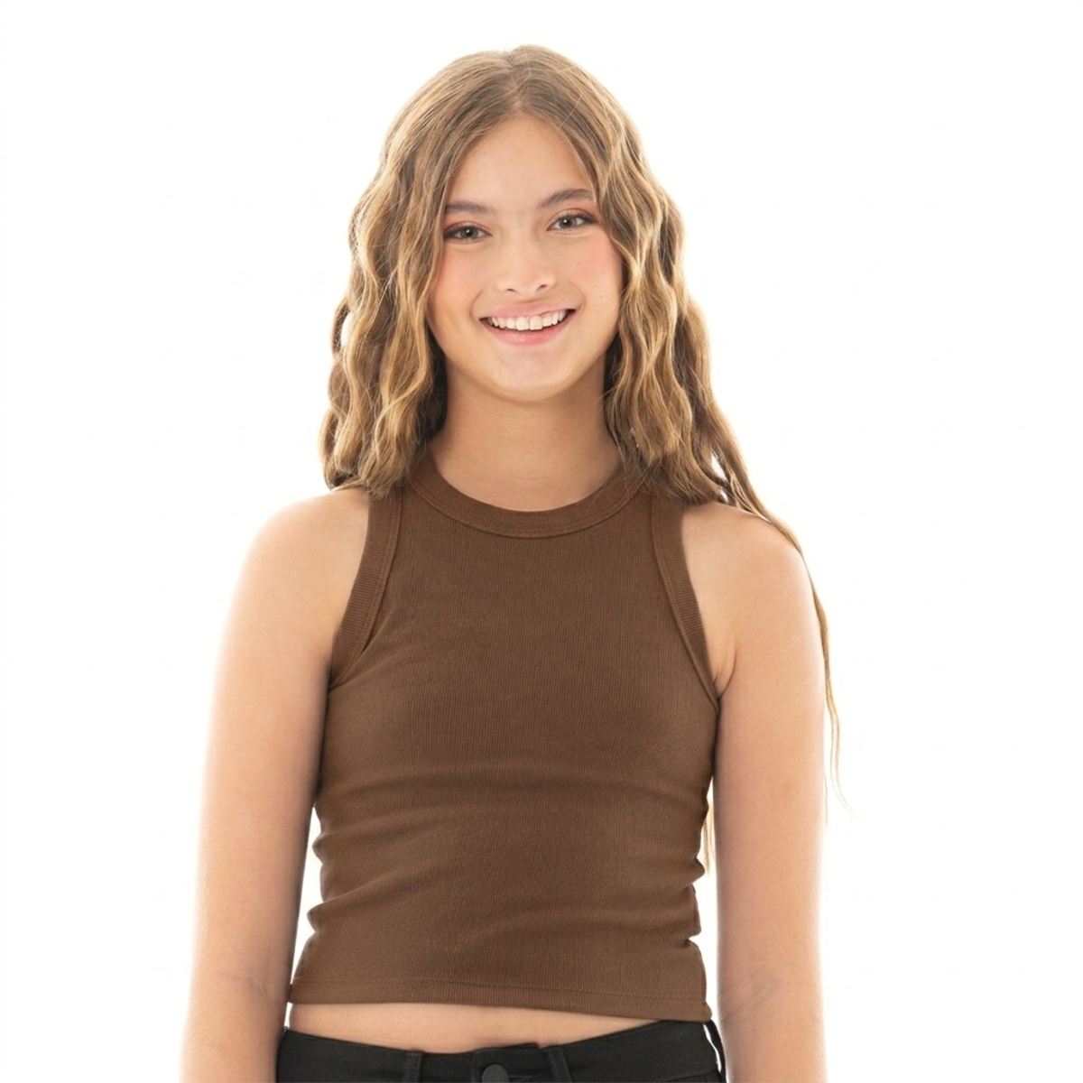 Crop top para niñas en rib - Cafe