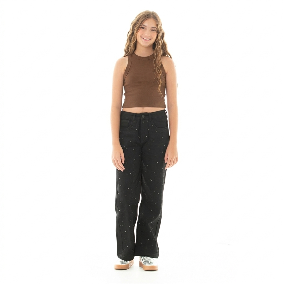 Crop top para niñas en rib - Cafe