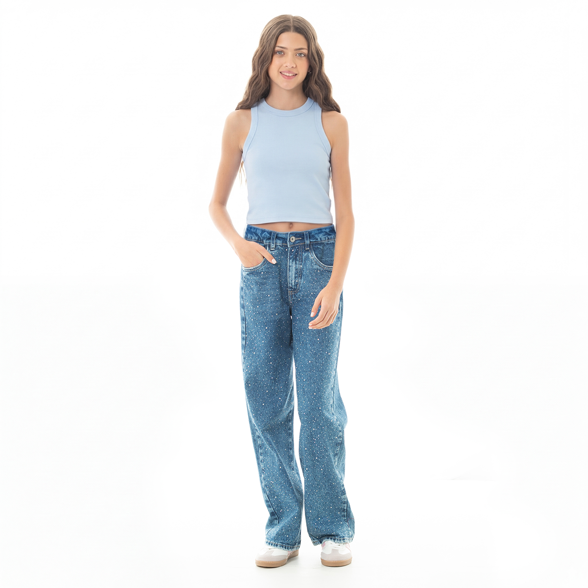 Crop top para niñas en rib – Azul claro