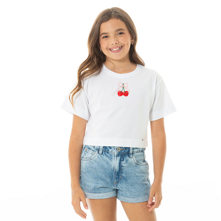 CAMISETA BLANCA PARA NIÑA CON CEREZAS BORDADAS