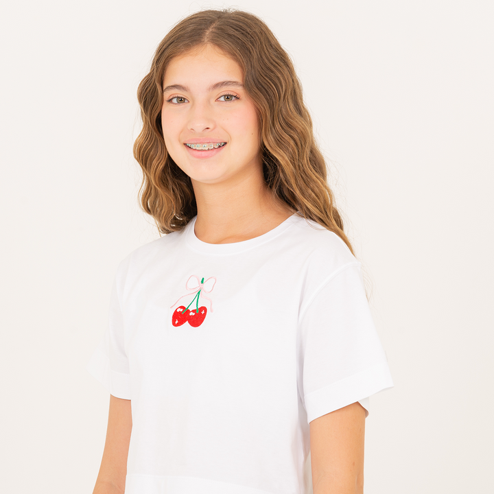 CAMISETA BLANCA PARA NIÑA CON CEREZAS BORDADAS