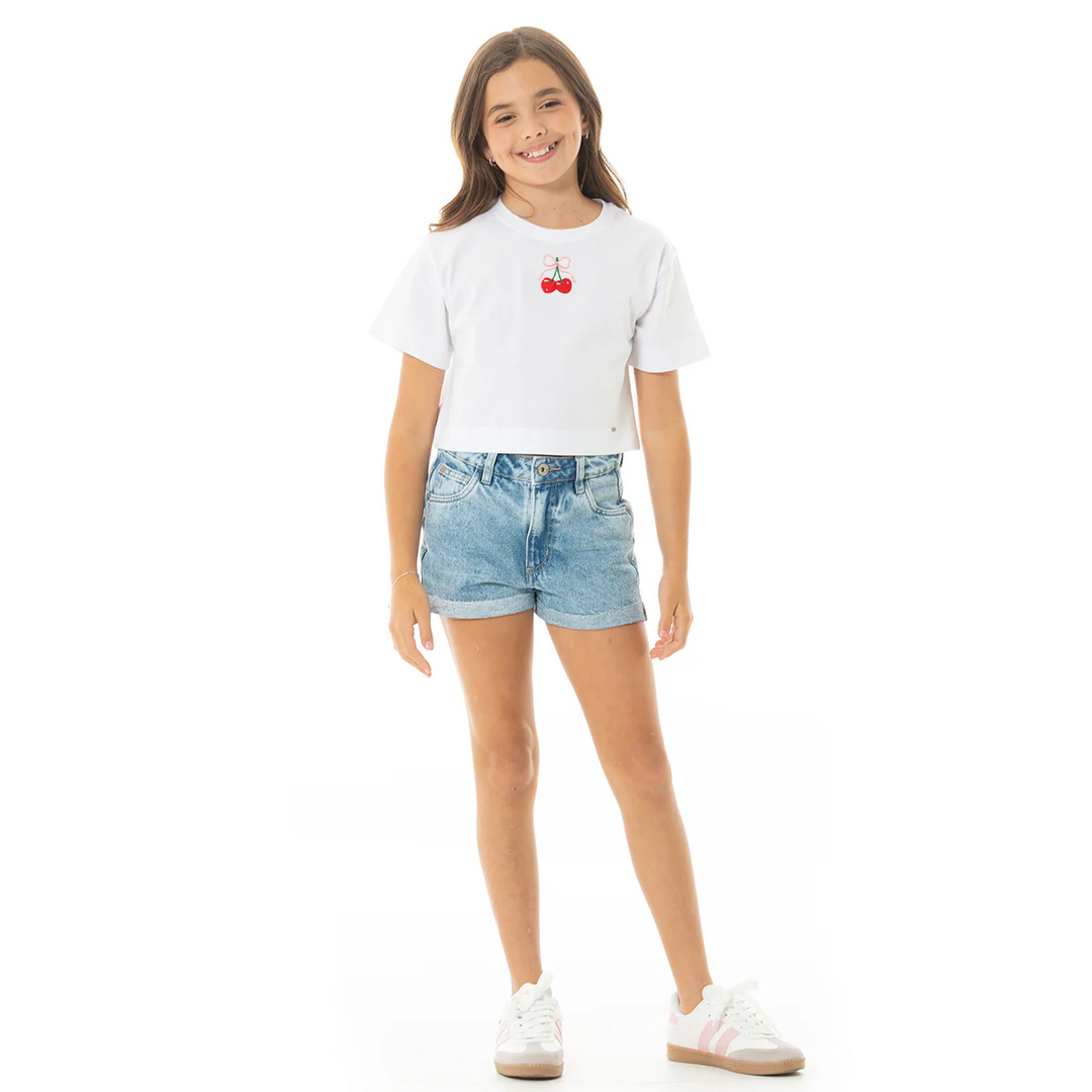 CAMISETA BLANCA PARA NIÑA CON CEREZAS BORDADAS