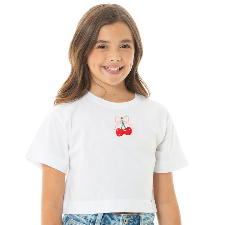 CAMISETA BLANCA PARA NIÑA CON CEREZAS BORDADAS