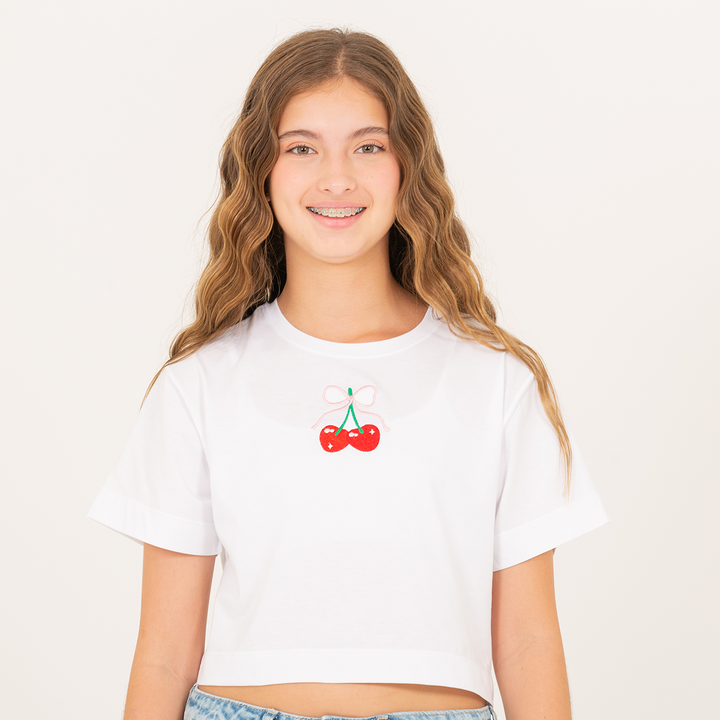 CAMISETA BLANCA PARA NIÑA CON CEREZAS BORDADAS
