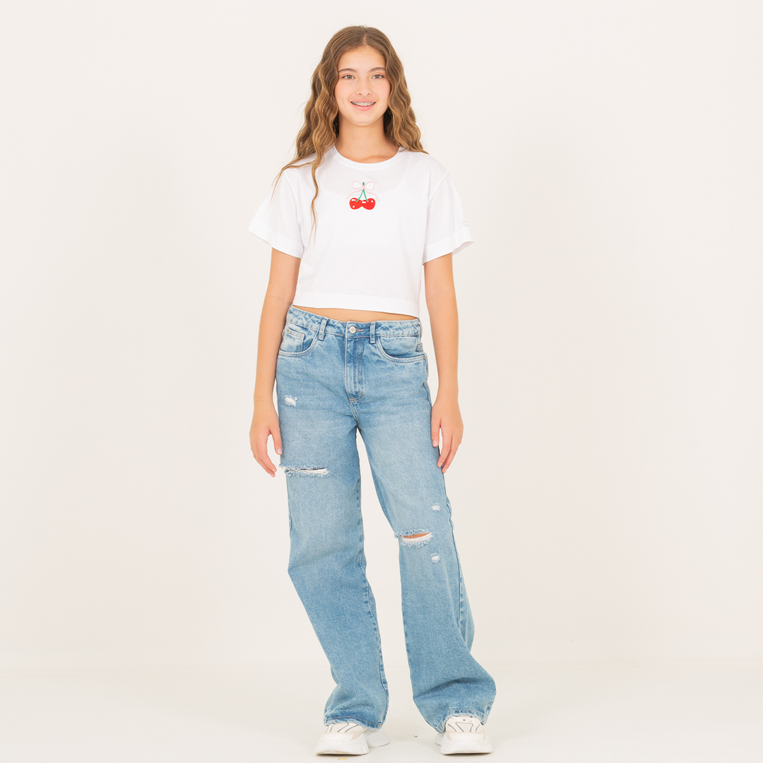 CAMISETA BLANCA PARA NIÑA CON CEREZAS BORDADAS