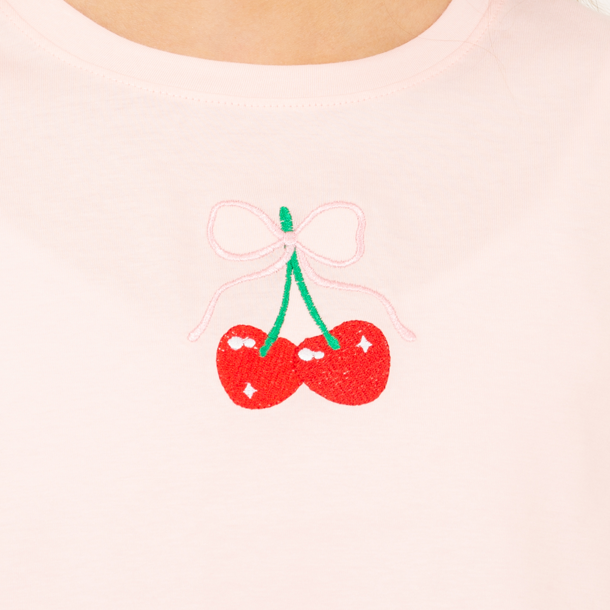 Camiseta para niñas con diseño de cerezas bordadas