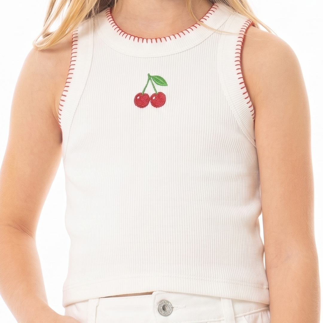 CAMISETA MANGAS ACANALADA PARA NIÑA CON BORDADO DE CEREZAS