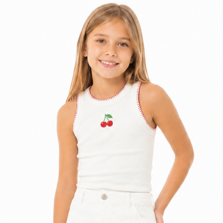 CAMISETA MANGAS ACANALADA PARA NIÑA CON BORDADO DE CEREZAS