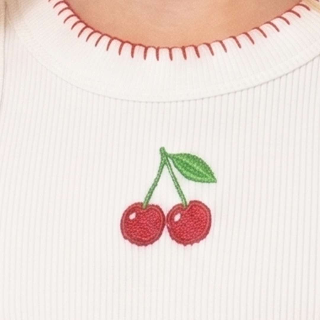 CAMISETA MANGAS ACANALADA PARA NIÑA CON BORDADO DE CEREZAS