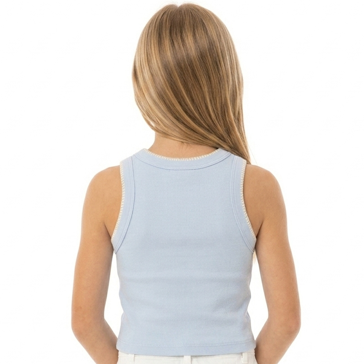 Crop top para niñas en rib con diseño de sombrilla bordado - Azul