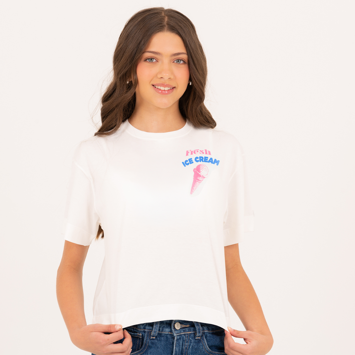 CAMISETA BLANCA PARA NIÑAS CON ESTAMPADO "Fresh Ice Cream"
