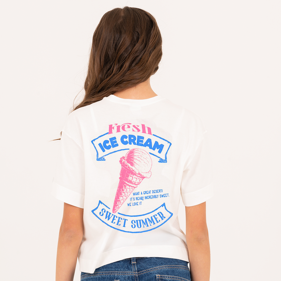 CAMISETA BLANCA PARA NIÑAS CON ESTAMPADO "Fresh Ice Cream"