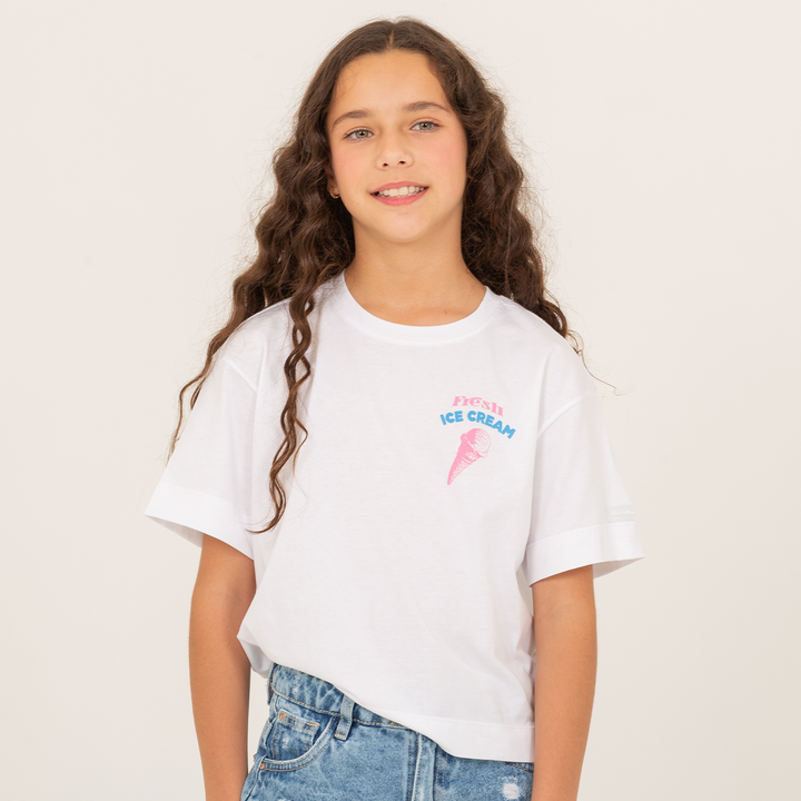 CAMISETA BLANCA PARA NIÑAS CON ESTAMPADO "Fresh Ice Cream"