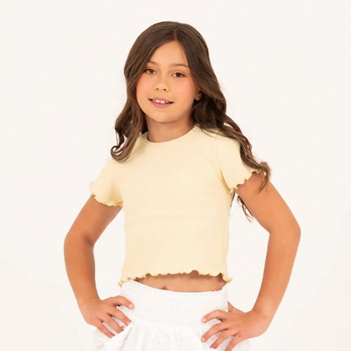 CAMISETA PARA NIÑAS MANGA CORTA EN RIB - AMARILLO CLARO