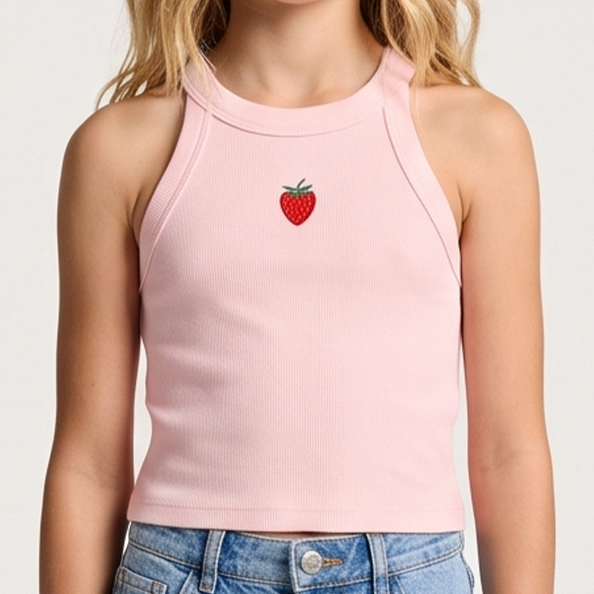 Crop top para niñas en rib con diseño de fresa bordada